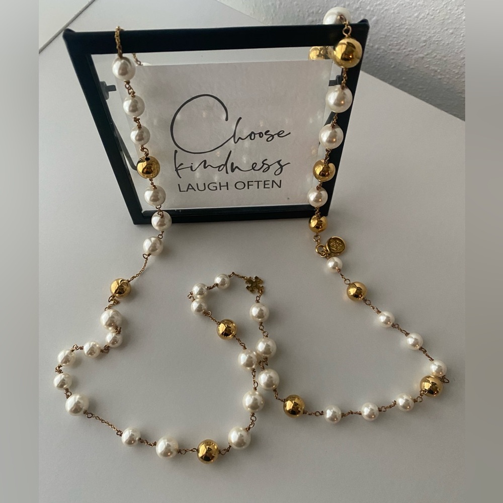 Tory Burch Gold and White Pearl Necklace